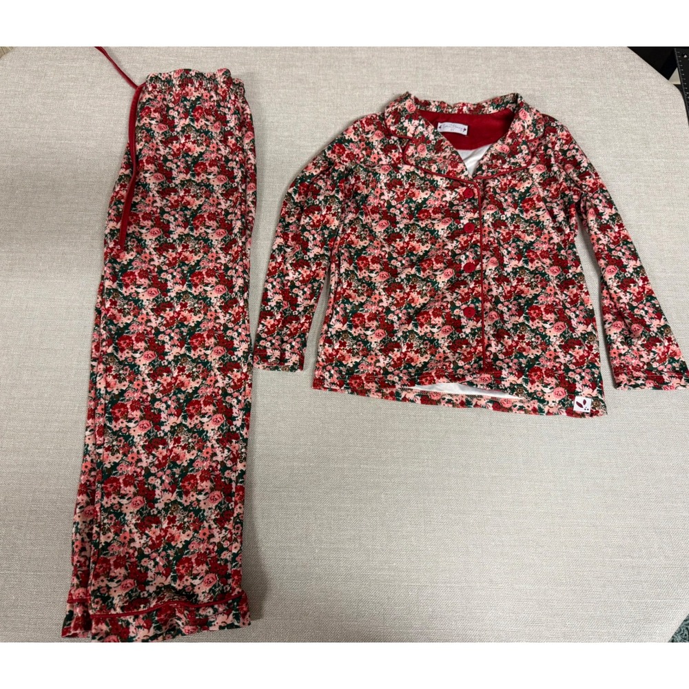 Sweet Honey CHRISTMAS Red Floral Pajama Set Long Sleeve Button Down Top Pants